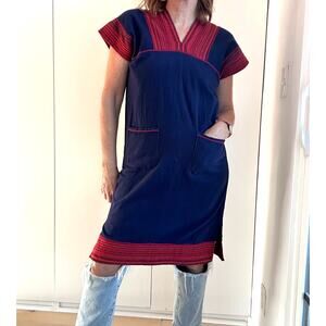 Vintage Ethnic Cotton Dress Blue Red Boho Hippie Casual Relaxed Tunic Pockets